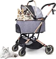 Foldable Medium Dog Stroller - 3 in 1 Pet Stroller with Detachable Storage Basket 4 All-Terrain Rubber Wheels Pull Rod Durable Travel Carrier for Max 33 lbs Medium Dogs 2 Small Cats (Grey)