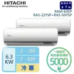 【HITACHI 日立】2-3坪+7-8坪 R32一級能效變頻冷專一對二分離式冷氣(RAM-63SP/RAS-22YSP+RAS-50YSP)