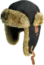 [Kakadu Traders Australia] Canvas Winter Rabbit Fur Aviator Outdoor Trapper Trooper Pilot Ski Hat Black