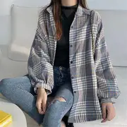 Puff-Sleeve Plaid Button-Up Shirt / Plain Camisole Top Shirt - Thicken - Plaid - Blue - One Size