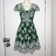 New ALANNAH HILL Green White Lace Evening Cocktail Dress Size 6 #31823