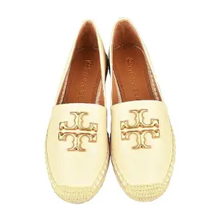 【TORY BURCH】Tory Burch ELEANOR ESPADRILLE 金色LOGO 山羊皮拼接草編鞋(女款/米)