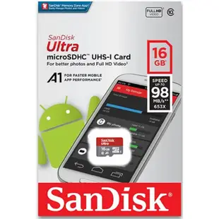SanDisk 16GB 16G microSDHC ultra 98MB/s micro SD C10 A1手機記憶卡