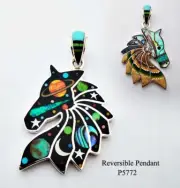 REVERSIBLE CELESTIAL SUN MOON STARS MULTICOLOR INLAY .925 SILVER HORSE PENDANT
