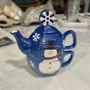 Happy Blue Snowman Tea For One Ceramic Teapot & Cup, NEW Bella Casa by Ganz