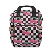 Multifunctional Backpack, Baby Travel Diaper Bag, Retro Checker Cherry Design