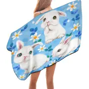 Adorable White Bunnies and Flowers for Kids Microfiber Beach Towel