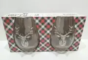 Christmas Reindeer Deer Stag Holiday Silver Medallion Wine Glasses Set of 2 New