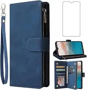 [Asuwish] Compatible with Nokia C21 Plus Wallet Case and Tempered Glass Screen Protector Leather Flip Cover Card Holder Stand Cell Accessories Shockproof Phone Cases for C 21 + C21+ C21Plus Women Blue
