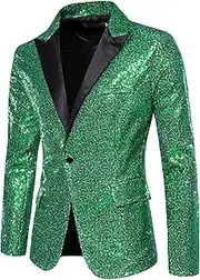 [SWJGLITTR] Men's Sequins Suit Jacket One Button Party Dinner Blazer Coats Shiny Sequin Tuxedo Sport Coat, Green, Small