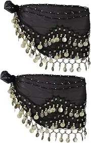 WHAMVOX 2pcs Belly Skirt Women Chiffon Dangling Sequin Tops Womens Sequin Top Tassel Skirt Belly Dancing Hip Sequin Fringe Top Belt for Jewelry Kit Womens Skirts Woman Costume Black