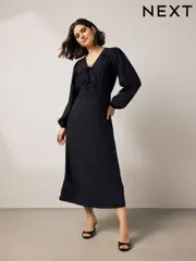 Black Long Sleeve Tie Front Midi Dress (AW4097) | $69