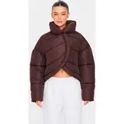 Chocolate Brown Quilted Asymmetric High Neck Puffer Jacket, Chocolate Brown