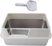 Stainless Steel Cat Litter Pan, High Walls Litter Pan with Detachable Lid and Scoop, Open Pet Litter Box, Easy to Clean (Large Size White)