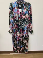 Anne Klein Womens Black Amaranth Multi Floral Print Tiered Midi Dress Size L NWT