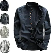 [MILINAM] Men's Cotton Linen Blend Shirt, Grey, S-7XL, Long Sleeve, Mandarin Collar with Striped Design, Breathable, Stretchy, Classic Fashion Style