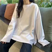 Long-Sleeve Round Neck Plain Slit Oversized T-Shirt White - L