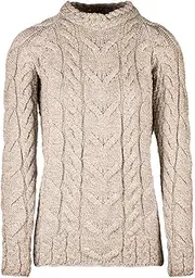 [Aran Woollen Mills] Women's Plaid Weave Soft Merino Wool Sweater in Oatmeal - Beautiful Ladies Crew Neck Pullover