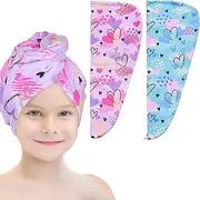 HENWUBEI Microfiber Hair Drying Towels for Kids, 2 Pack Wet Hair Towel Wrap Turban for Girls Children Women, Quick Dry Twisty Hair Towels Wrap for Curly Long Thick Hair Anti Frizz