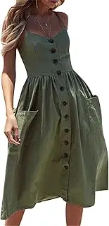 [FLITAY] Ladies Knee Length Midi Dress Beach Resort Fashion Dress Sleeveless Spaghetti Strap Loose Sundress