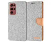 Goospery Canvas Samsung Galaxy S22 Ultra Wallet Leather Case Denim Stand Flip Fabric Pouch Credit Card Slots Cover - Grey