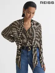 Reiss Black/White Cedar Dogtooth Tie-Neck Blouse (340397) | $360