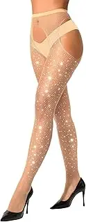 [lmotpe] Fishnet Stockings for Women Crotchless Tights Rhinestone Sexy Women's Sparkly Stockings Suspender High Waist Pantyhose