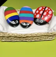 3- Colorful Hand Painted Stones Rocks Ladybug Garden Home Decor Inside/Outside