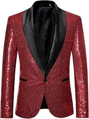 [Generic] Men's Sequins Suit Jacket Shiny Sparkly One Button Blazer Glitter Clothes Party Tuxedo Wedding Prom Festival Costume, F-wine, XX-Large