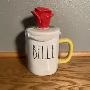 Disney Rae Dunn Beauty & the Beast Belle Mug with Rose Topped Lid NWOT