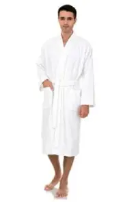 Mens Robe, 100% Cotton Terry Cloth Bathrobe, Soft Kimono Small-Medium White