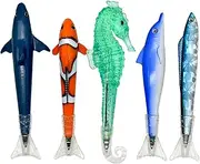 Lopenle 5-Piece Novelty Fish Pens - Clownfish, Shark, Sea Horse, Dolphin, Sea Animal Ballpoint Pens - Fin Tail, Black Ink - School Supplies, Birthday Party
