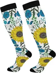 [Yoogain] Sunflowers Flower Blue Wild Flowers Whitelong socks compression for golf for men mujer, Sunflowers Flower Blue Wild Flowers White