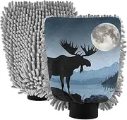 XYMZR Retro Moose Silhouette Absorbent Microfiber Car Wash Mitt, Funny Cute Anime Scratch Free for Cars Cleaning, Home Cleaning Mitts, 2 Pack, 10.24” L x 7.09” W