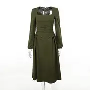 Puff-Sleeve Queen Anne-Neckline Plain Shirred Midi A-Line Dress Green - M