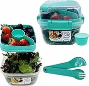 Salad & Fruit Container Lunch Box with 3 Compartment Tray Include Utensils, Salad Dressing Cup, Knife & Fork, Leakproof, Reusable, Microwave Safe W WORTH 2 SPEND (Aqua)