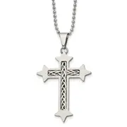 Stainless Steel Chisel Brushed With Braided Sterling Silver Inlay Cross Pendant On A 24 Inch Ball Chain Necklace