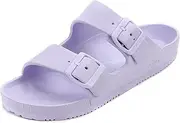 [VICT POPU] Womens Slides Sandals Double Buckle Adjustable EVA Flat Sandals with Plantar Fasciitis Arch Support Waterproof Slip on Beach Sandal Comfort Non Slip Shower Slide