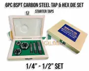 BSPT 6pc Boxed Tap and Hex Die Set - 1/4" to 1/2" (Carbon Steel)