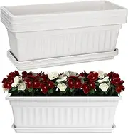 HOXHA Window Box Planter, Plastic Vegetable Flower Planter Boxes with Tray, Rectangular Indoor and Outdoor Flower Pots for Windowsill, Patio, Porch, Garden Balcony (White 6 pack)
