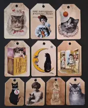 Ten CAT Images HANG TAGS Ephemera Vintage Style for Junk Journal set 2