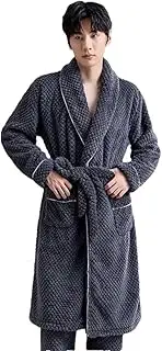 [Generic] Men Winter Jacquard Flannel Sleepwear with Belt Robe+Pants 2PC Warm Pajamas Suit Coral Fleece Robes Set
