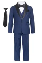 Magen Boys Navy SLIM FIT TUXEDO suit 7pc set coat,vest,pant,shirt,clip bowtie