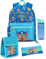 [PAW PATROL] Boys Backpack Set | Kids 4 Piece Blue & Green Rucksack Bundle with School Bag, Pencil Case, Lunch Bag & Water Bottle | Chase Dog Crew Graphic Complete Matching Set | Back to School Gifts,