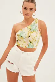 Yellow Floral Crop Top Sleeveless One Shoulder Shirred - Size 14, Women's Crop Top
