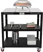 Feasto Large Movable Pizza Oven Table for Outdoor, 36''x 24'' Tabletop Stainless Steel Grill Cart with Wheels, 3-Shelf Outdoor Kitchen Prep Table Pizza Oven Stand on Wheels for Ooni 16, Blackstone
