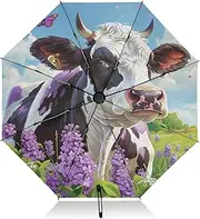 [RPLIFE] Travel Umbrella, Lightweight Portable Auto Open Close for Women, Travel Umbrellas for Rain, Wind and Sun, Cow Purple Black Spots