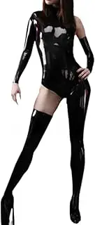 [DAIJES] Black Latex Catsuit with Back to Front Crotch Zip One Cuffs and Stockings Rubber Bodysuit Overall Zentai Bodysuit