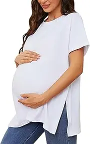 [Ecavus] Women's Casual Maternity Shirts Split Side Pregnancy Tops Blouses Short Sleeve Loose Fit Maternity Clothes