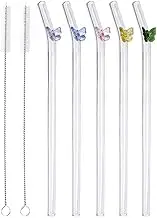 5 Pcs Reusable Glass Straws,Colorful Butterfly on Clear Straws with Design Shatter Resistant Bent Drinking Straws